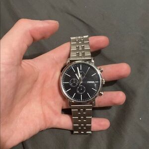 Fossil Black Dial Silver Band Watch